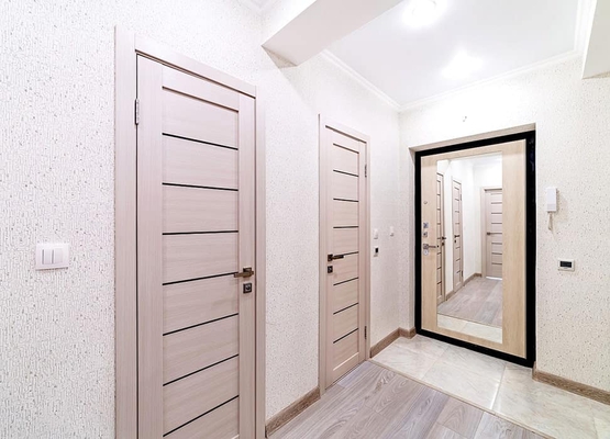 Светлые входные и межкомнатные двери / белые стены